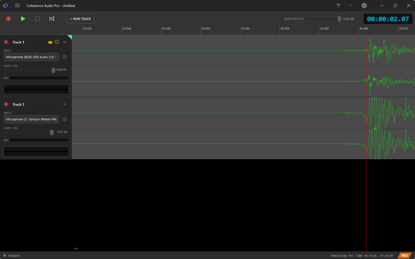 Timeline showing drift-corrected tracks at the start