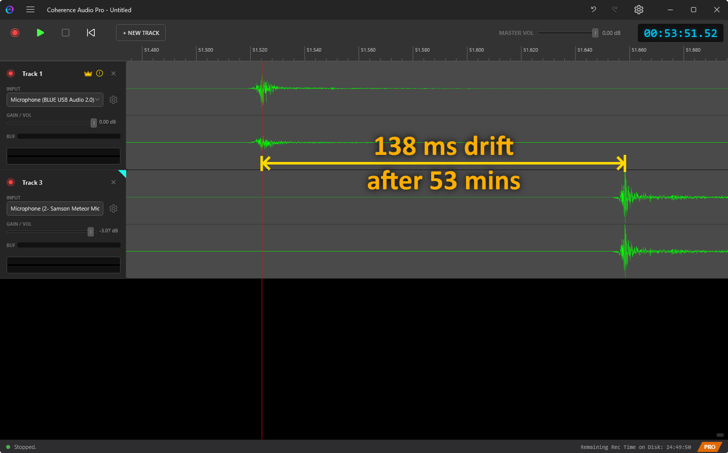 Timeline showing uncorrected drift at the end of a recording
